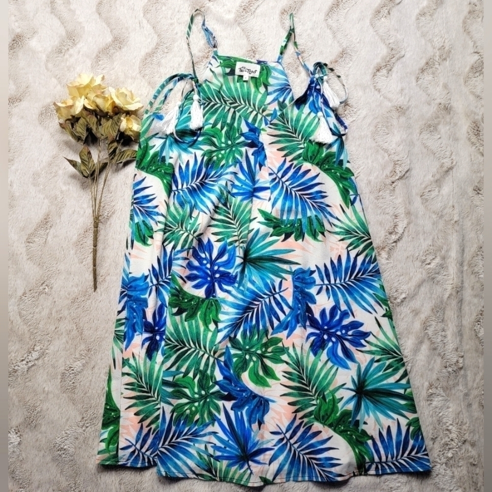 Free The Roses Tropical‎ Palm Print Sleeveless Tie Shoulder Dress Size M